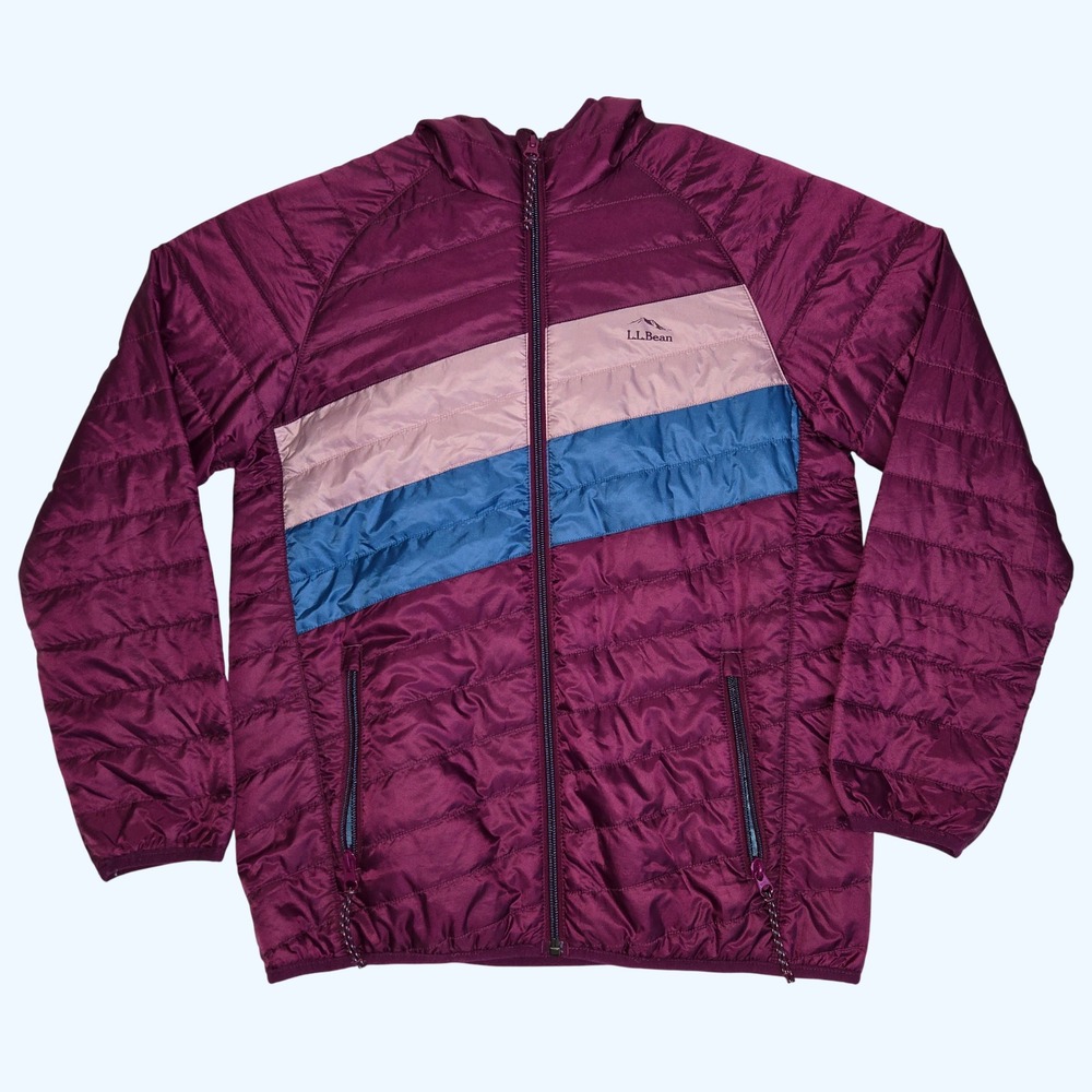 LL Bean PrimaLoft Packaway Hooded Jacket Plum Colorblock Girls Large 14-16